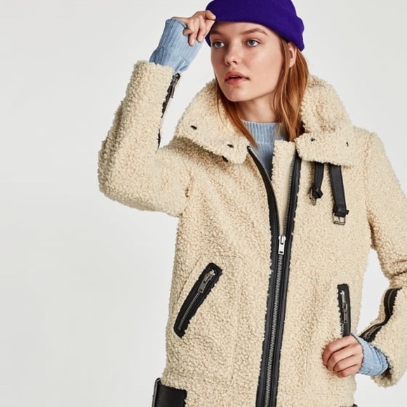 Zara Jackets & Blazers - ZARA  CONTRAST SHEARLING TEDDY BIKER JACKET
